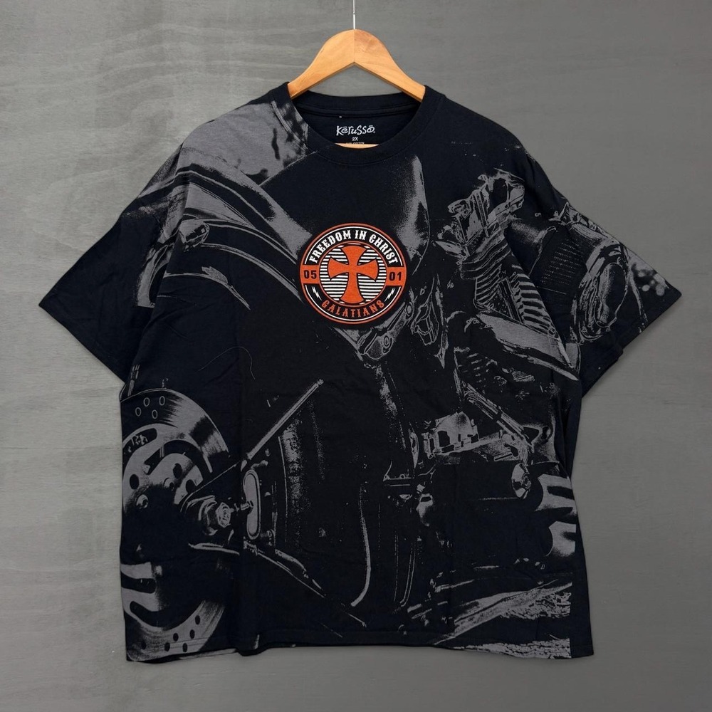Vintage Kerusso Jesus Tee Shirt Black West Coast Choppers AOP Galatians 2XL